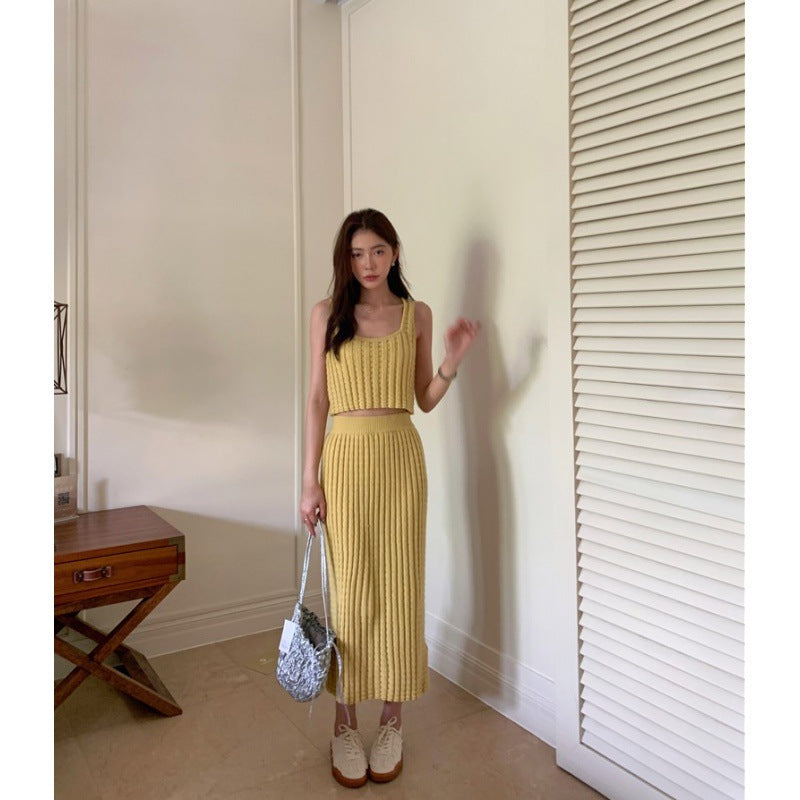 Women's Fashion Versatile Lemon Yellow Undershirt High Waist Half Skirt Set