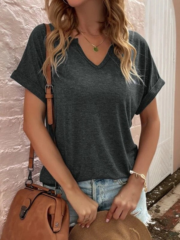 Women's New Solid Neckline Loose Short Sleeve T-shirt