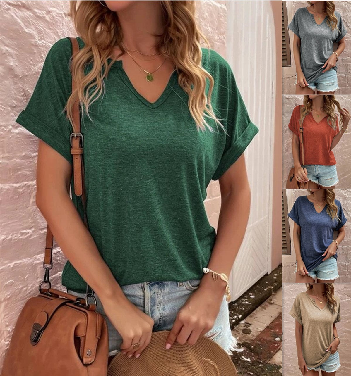 Women's New Solid Neckline Loose Short Sleeve T-shirt