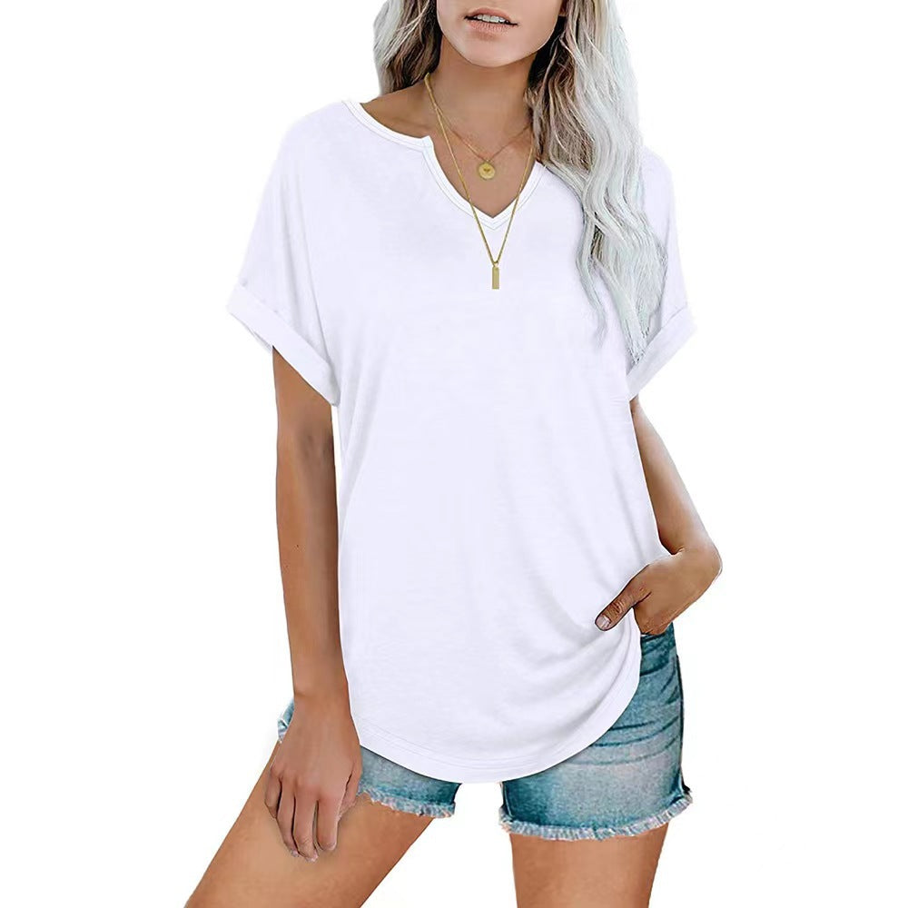 Women's New Solid Neckline Loose Short Sleeve T-shirt