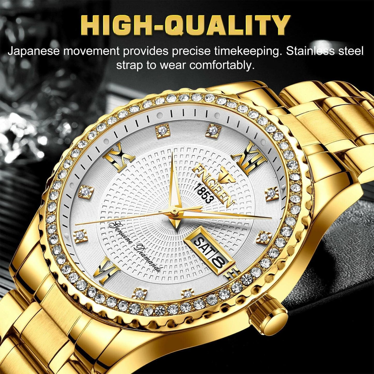 Fngeen Men's Classic Stainless Steel Gold Watch