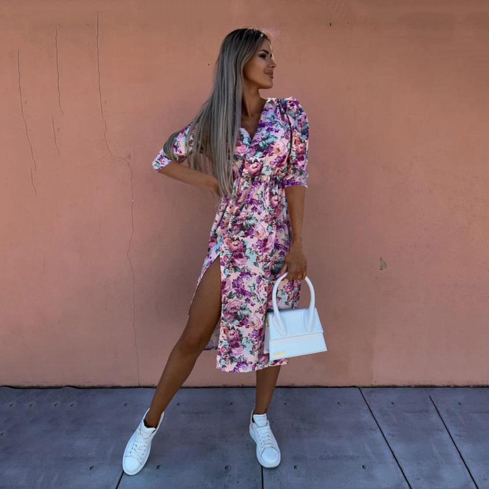 Fashion Loose Mid Sleeve V Neck Waist Print Dress
