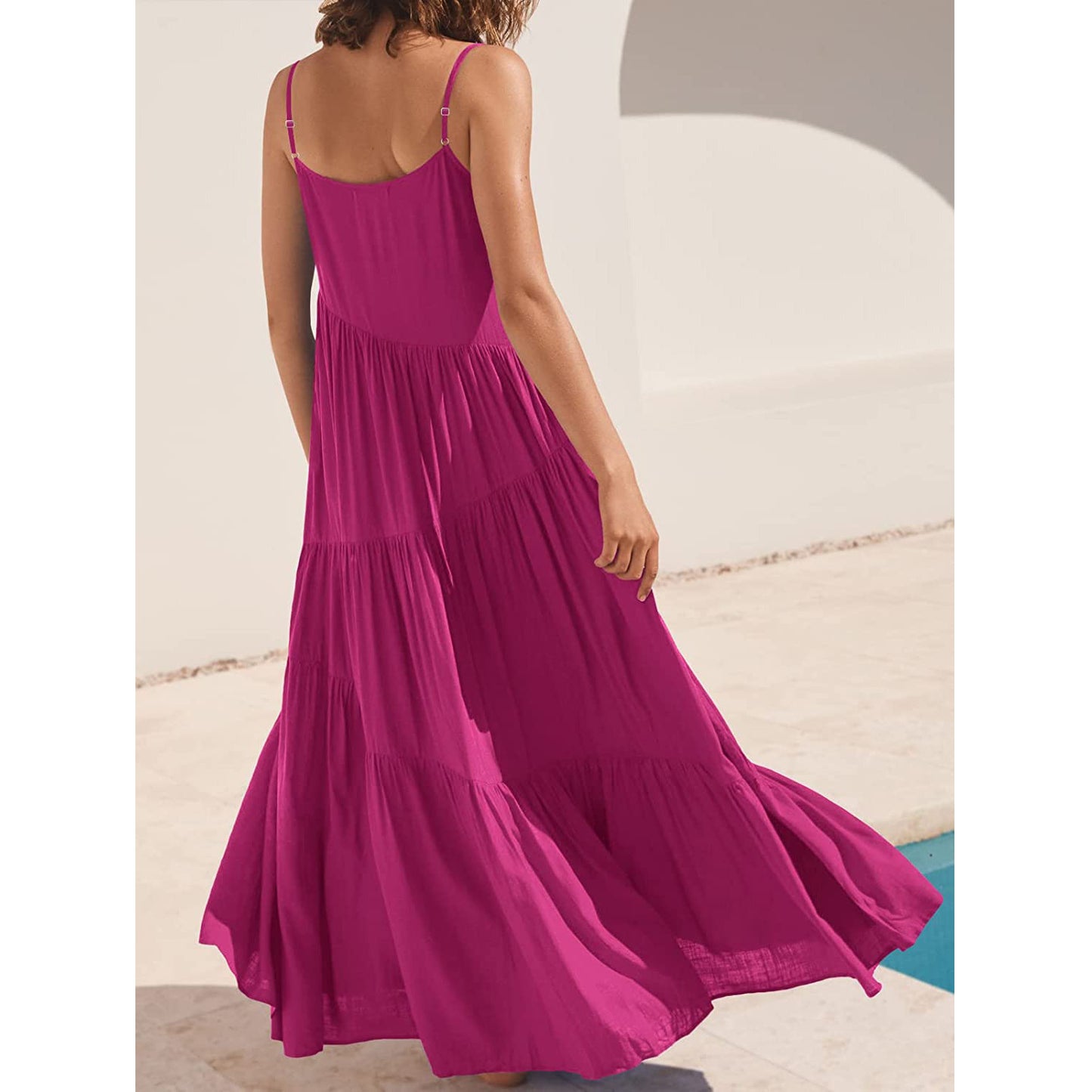 Solid Color Pleated Irregular Dress Beach Suspender Long Skirt