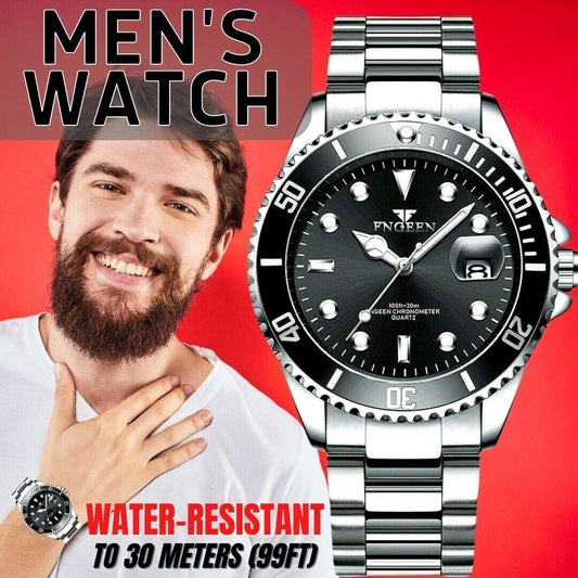 Luminous Black Silver Classic Men's Stainless Steel Watch