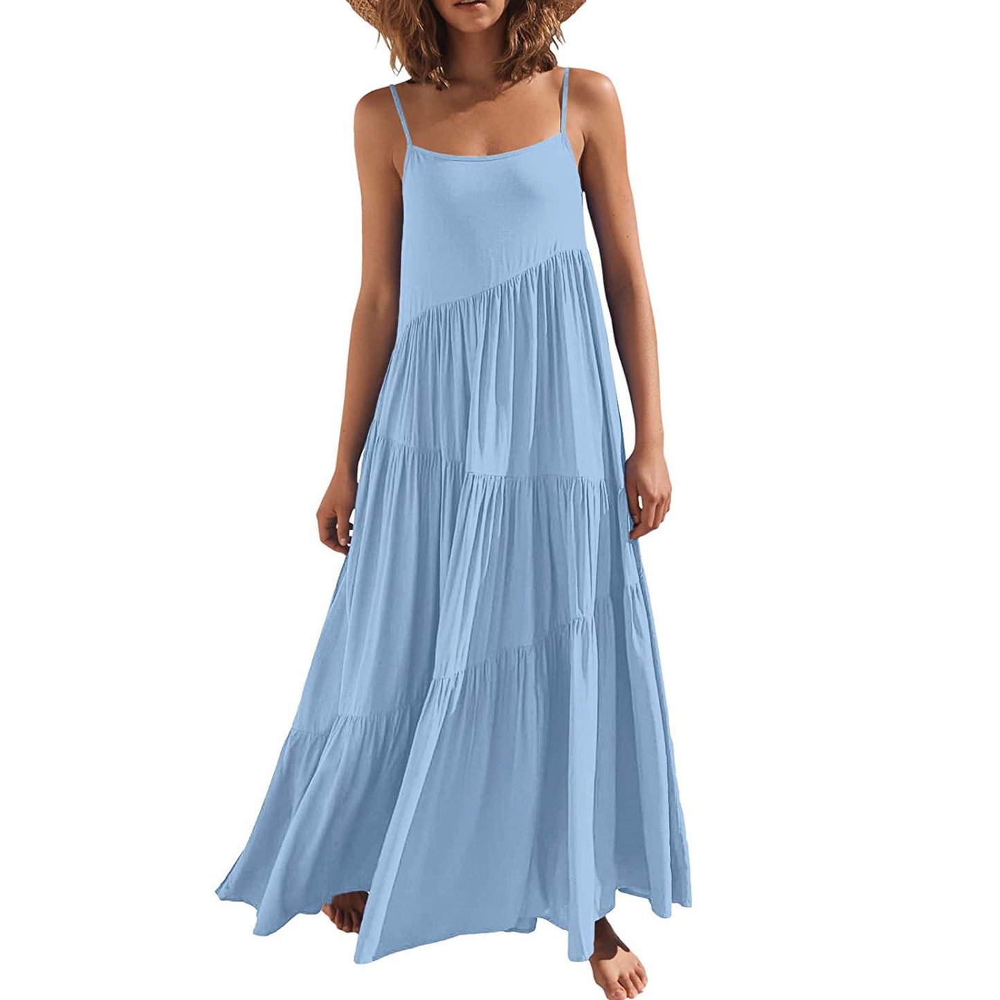 Solid Color Pleated Irregular Dress Beach Suspender Long Skirt