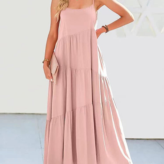 Solid Color Pleated Irregular Dress Beach Suspender Long Skirt
