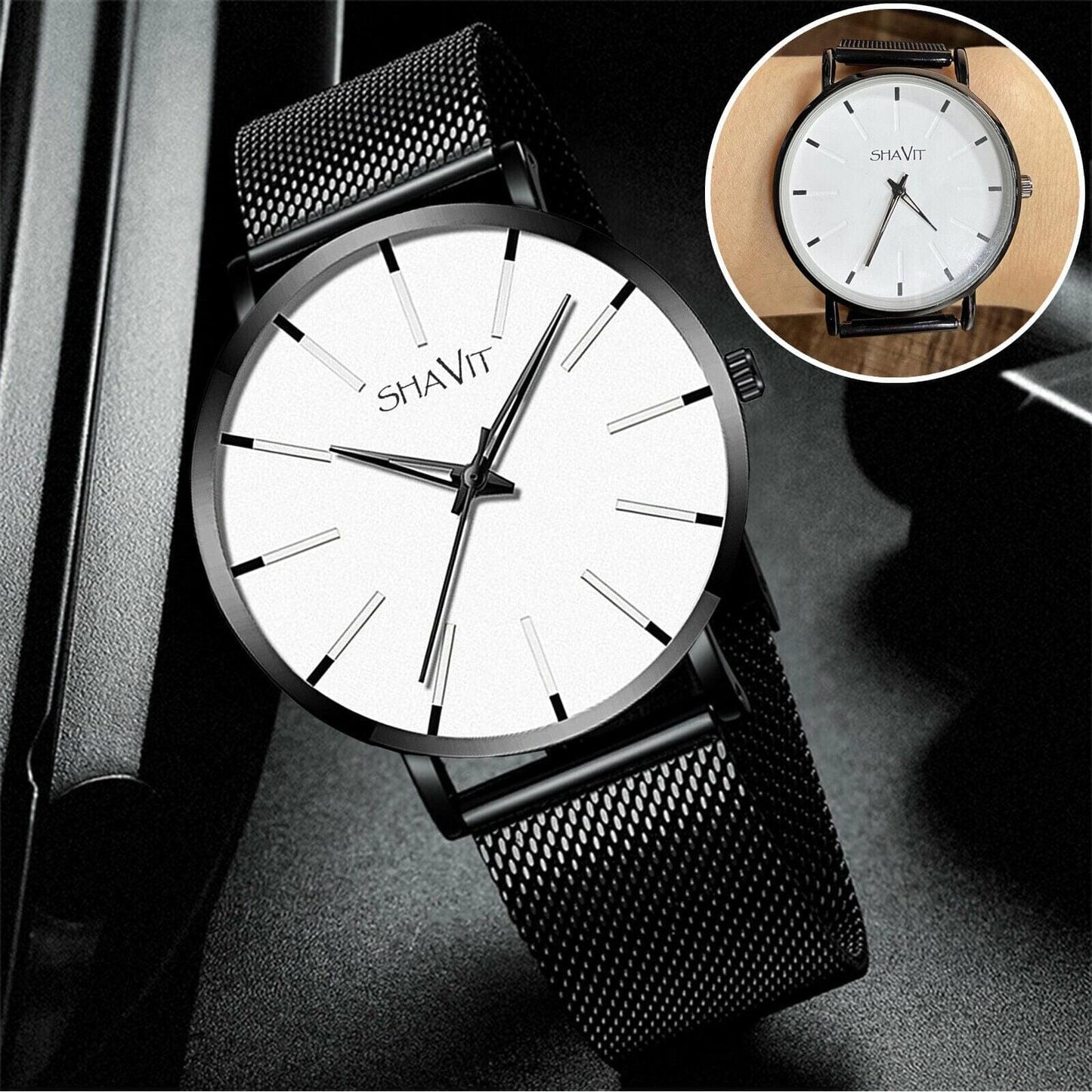 Shavit Luxury Men's Black & White Quartz Watch