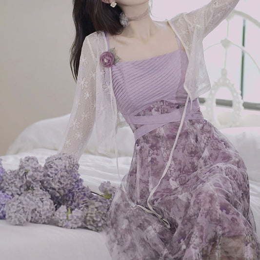 Pure Desire Wind Purple Suspender Skirt Cardigan Suit