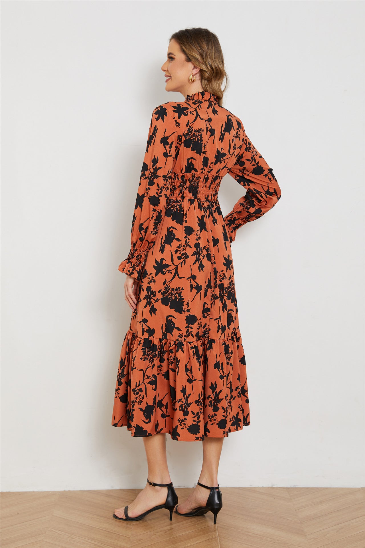 Women's Fashion Simple V-neck Long-sleeved High-waisted Floral Dress