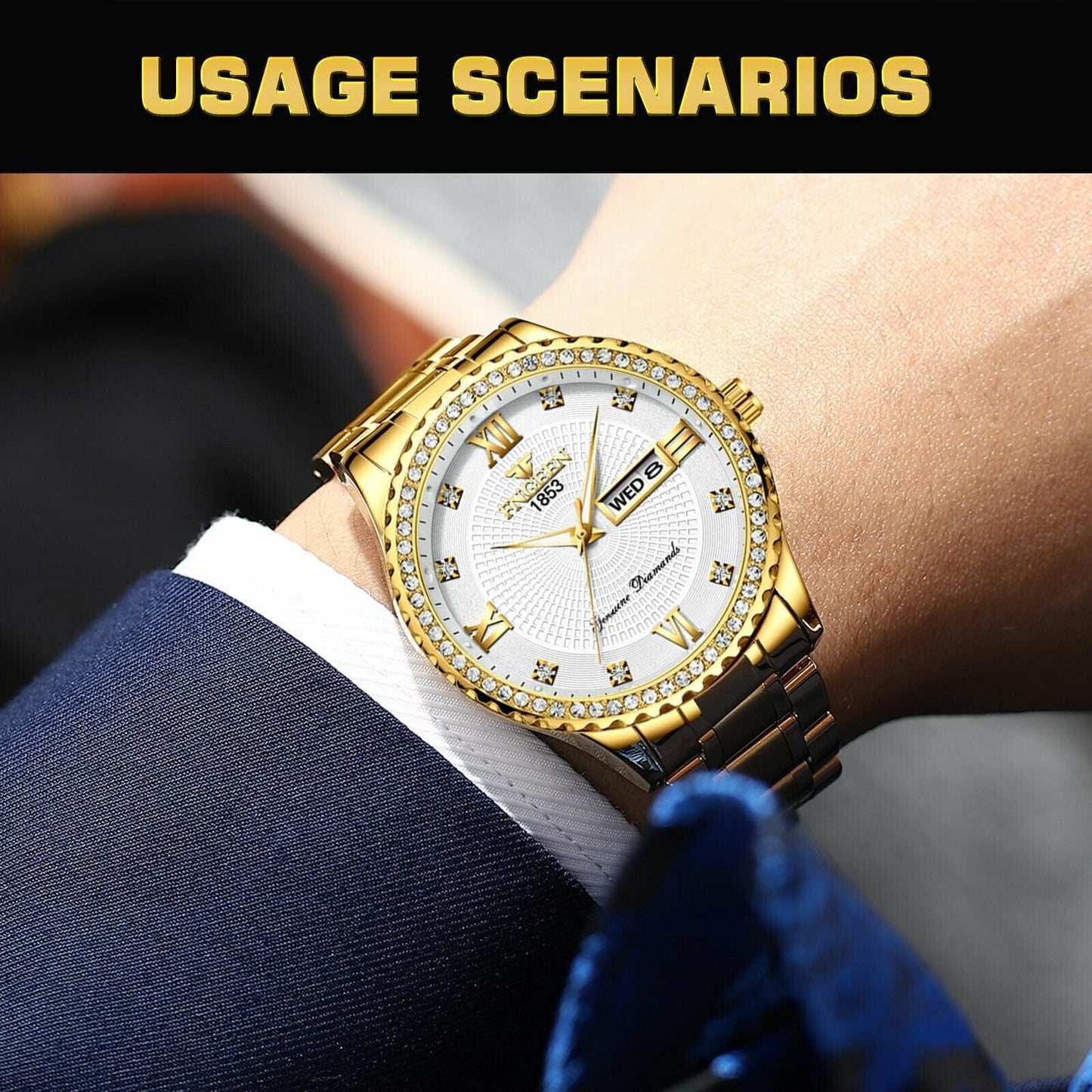 Fngeen Men's Classic Stainless Steel Gold Watch