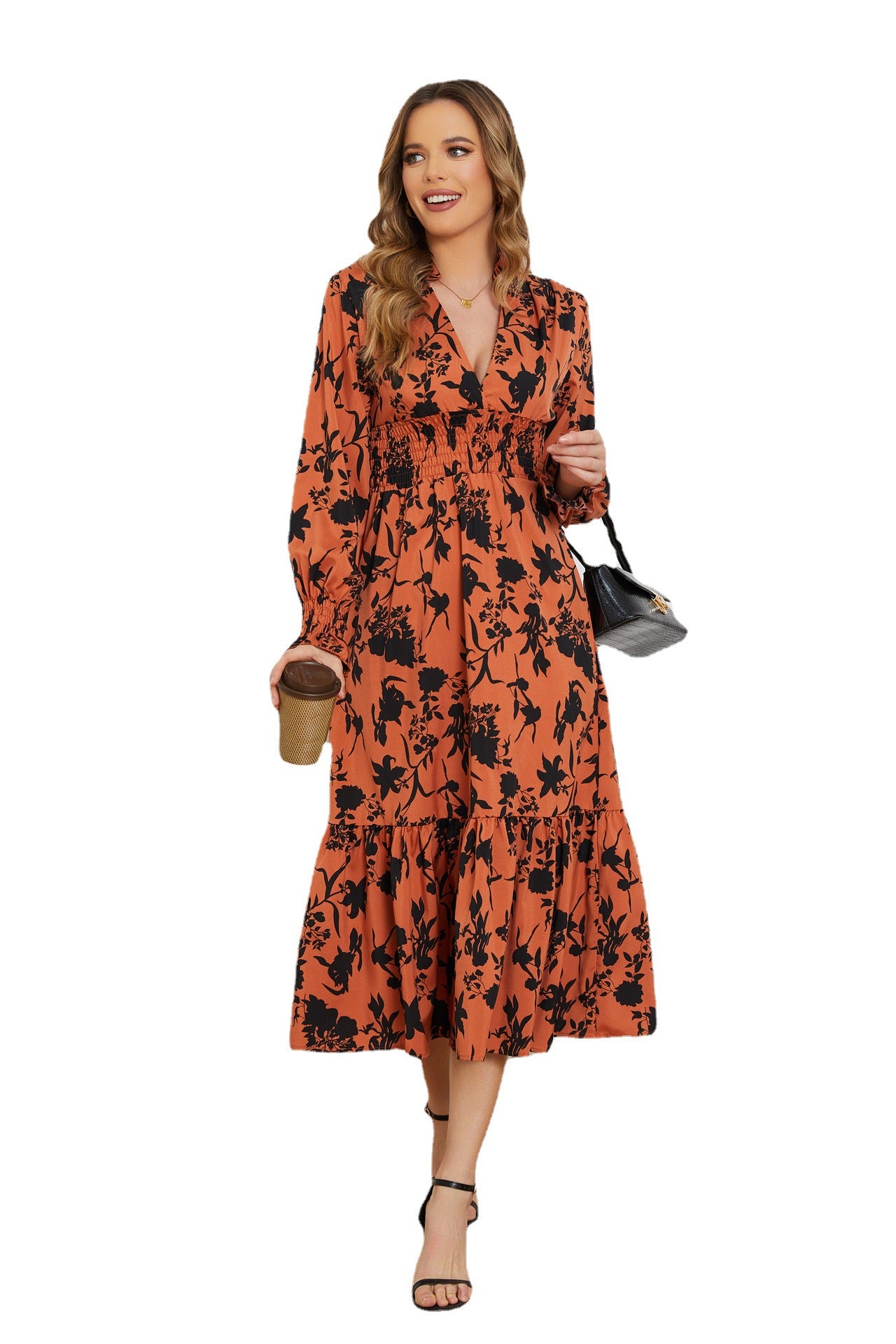 Women's Fashion Simple V-neck Long-sleeved High-waisted Floral Dress
