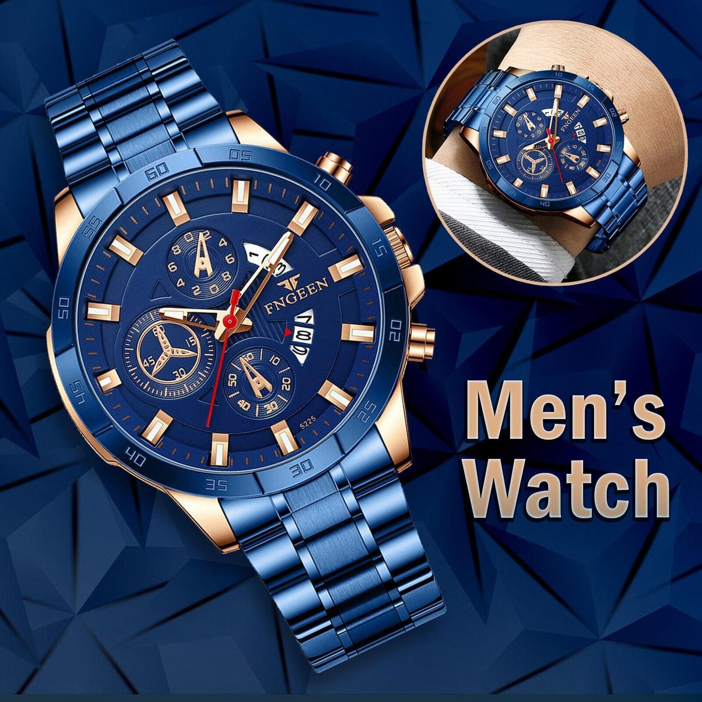 Fngeen Men's Luxury Stainless Steel Blue Watch