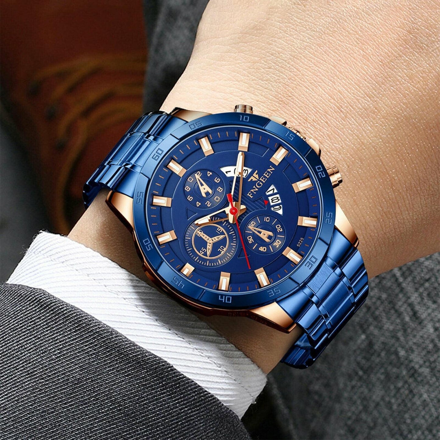 Fngeen Men's Luxury Stainless Steel Blue Watch