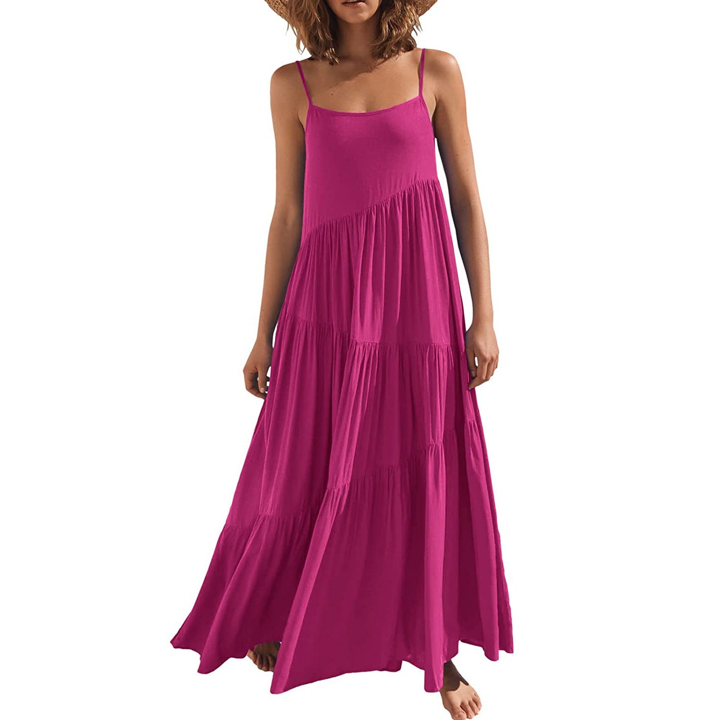 Solid Color Pleated Irregular Dress Beach Suspender Long Skirt
