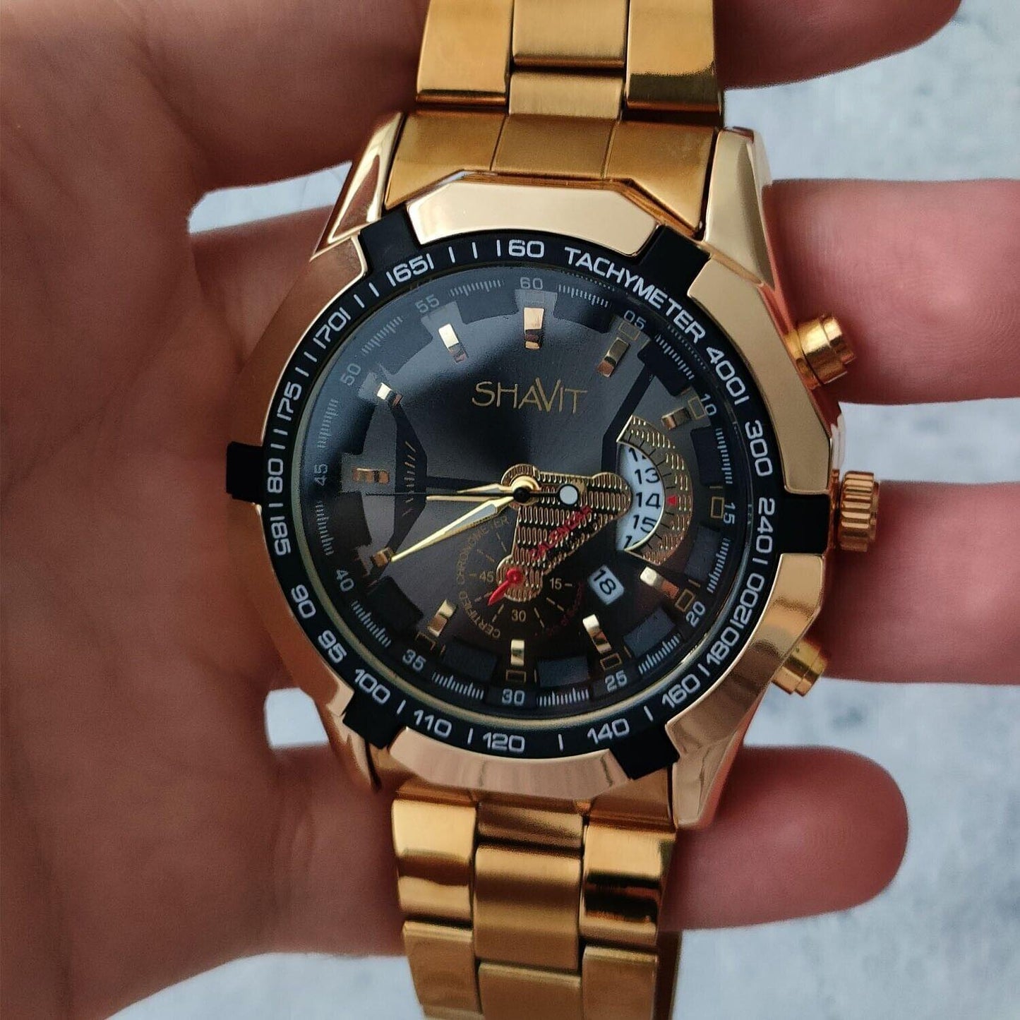 Shavit  Men's Luxury Gold Stainless Steel Watch
