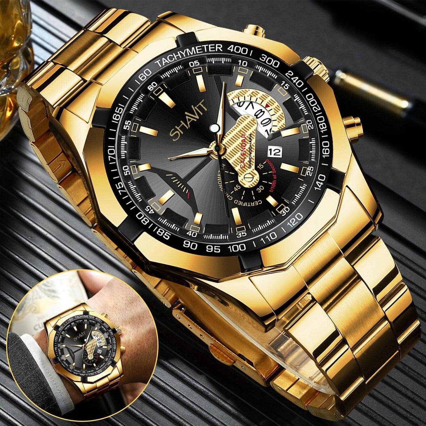 Shavit  Men's Luxury Gold Stainless Steel Watch