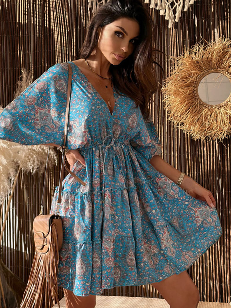 New Summer Mid-waist Pullover V-neck Short Sleeve Printed Loose Dress