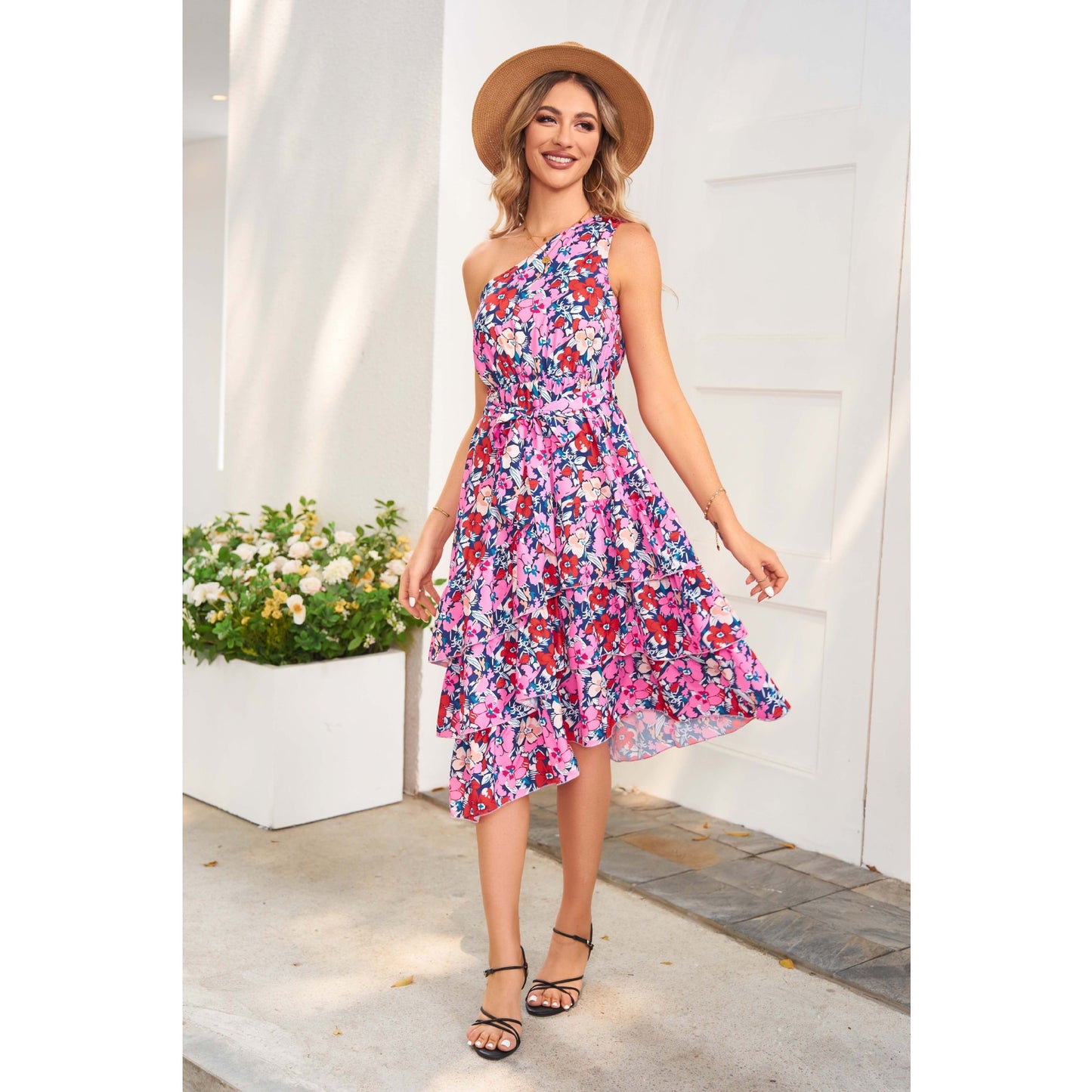 Women's One-shoulder Layered Frill Print Dress
