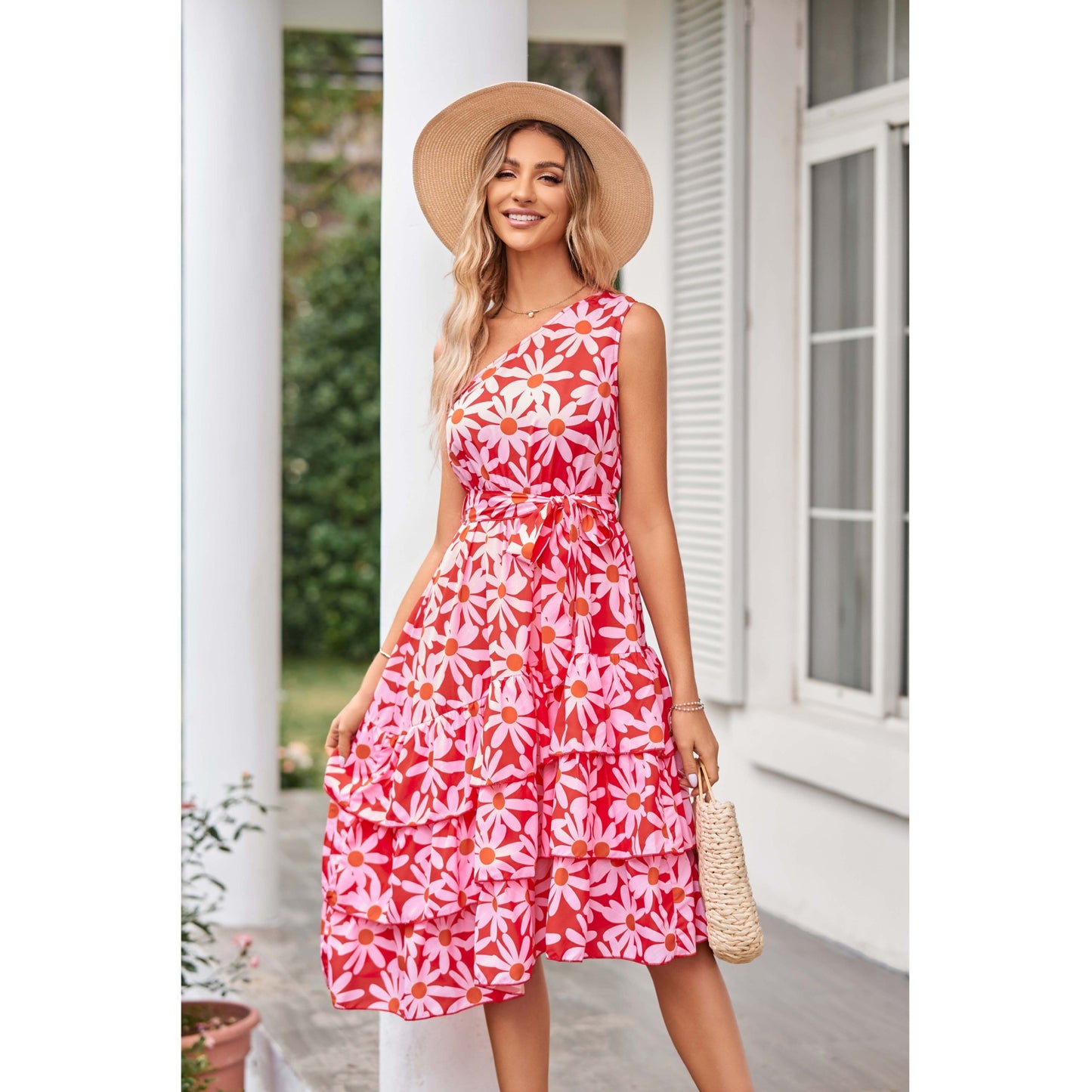 Women's One-shoulder Layered Frill Print Dress