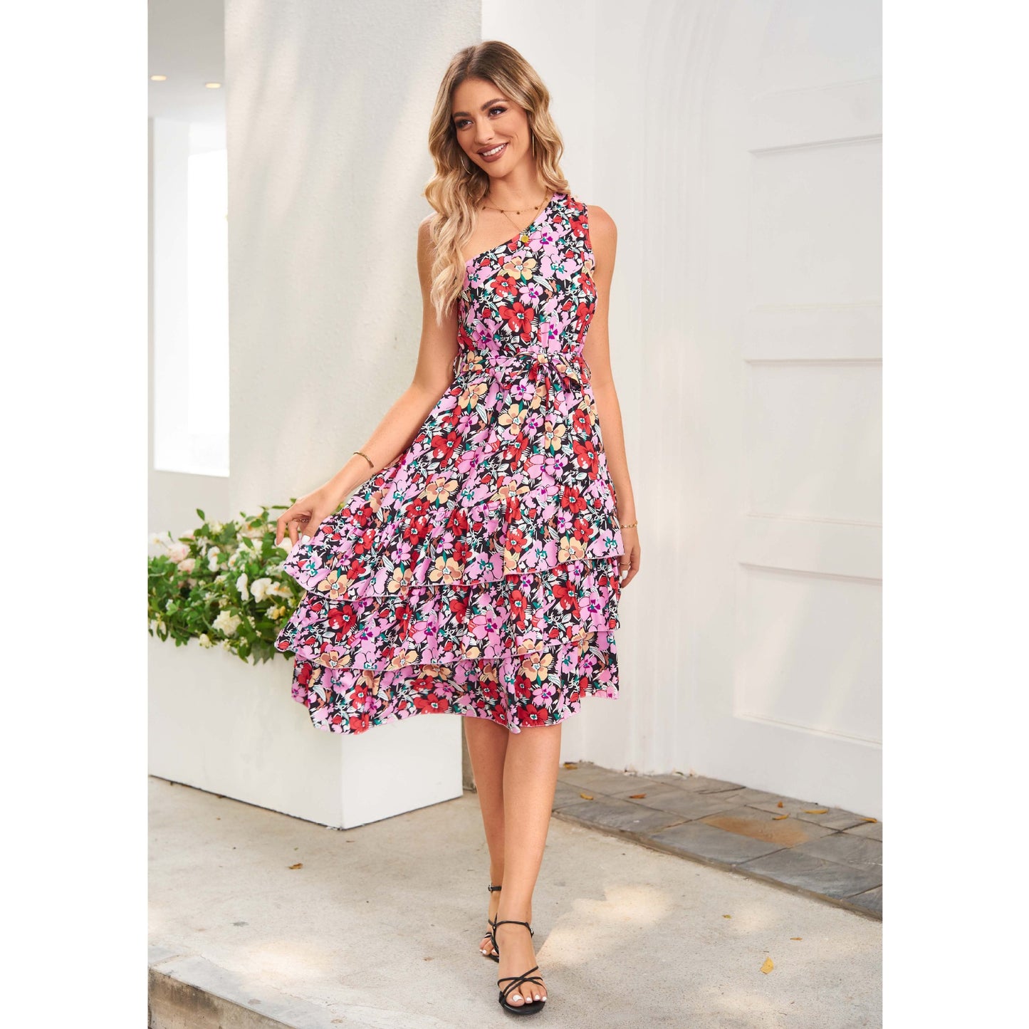 Women's One-shoulder Layered Frill Print Dress