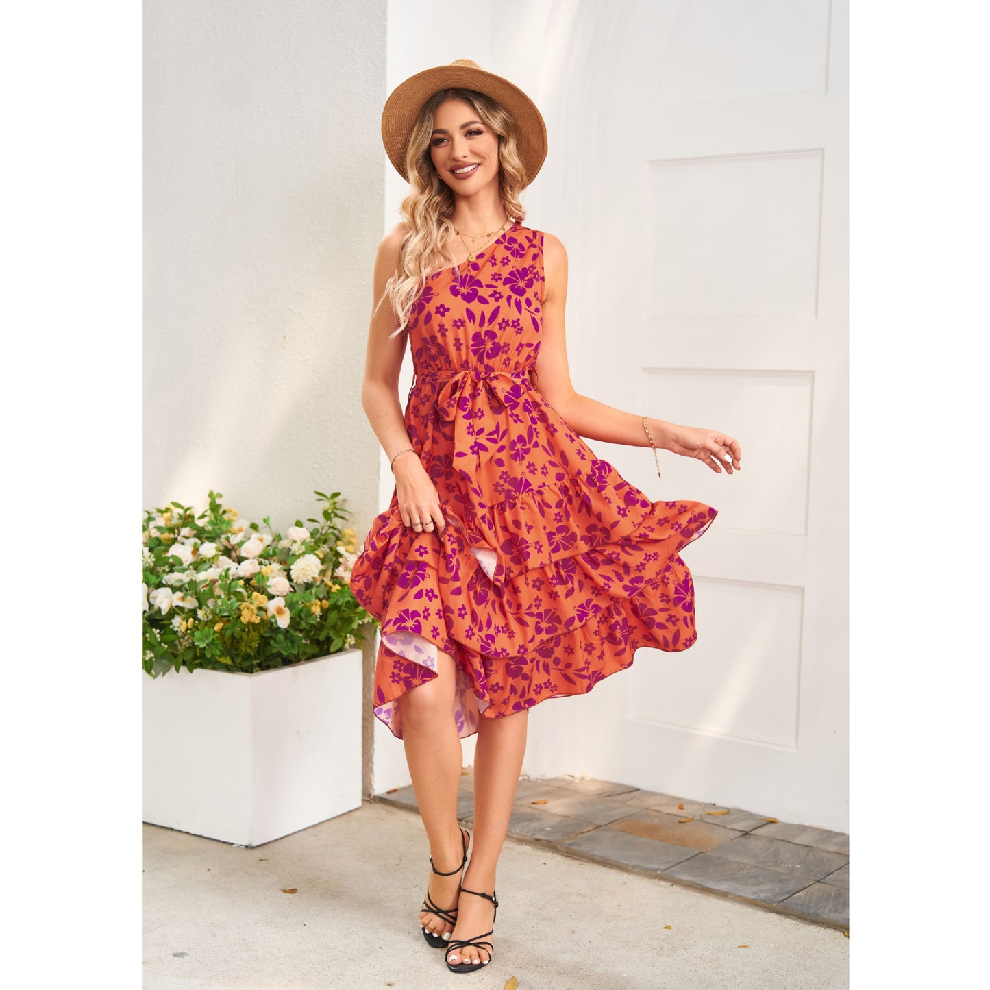 Women's One-shoulder Layered Frill Print Dress