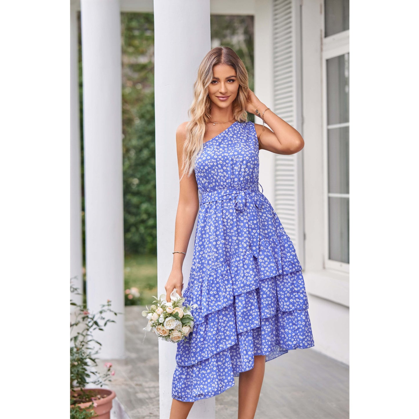 Women's One-shoulder Layered Frill Print Dress