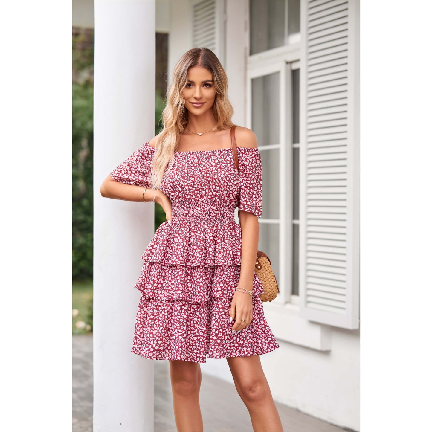 Women's Floral Skirt Square Collar Short Sleeve Layered Pleated Bohemian Dress