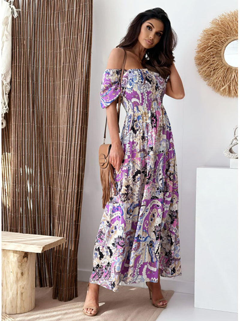 New Off-shoulder Printed Puff Sleeve Cake Dress Long Dress