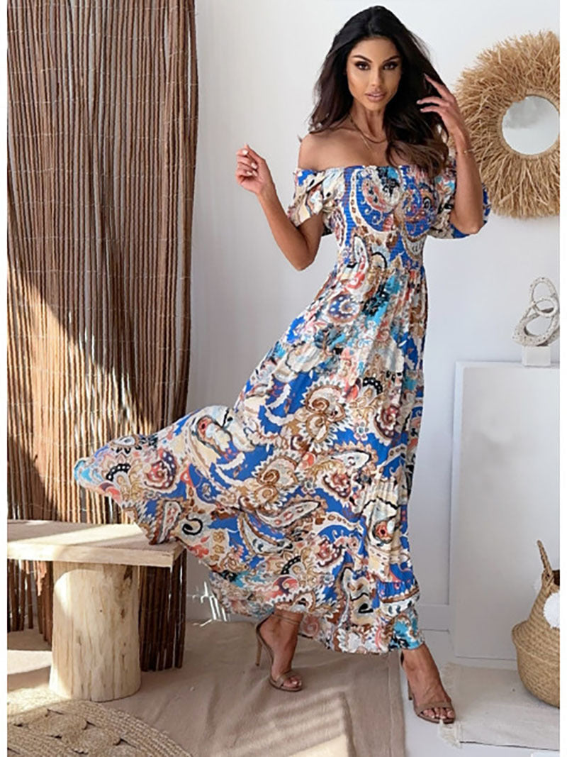 New Off-shoulder Printed Puff Sleeve Cake Dress Long Dress