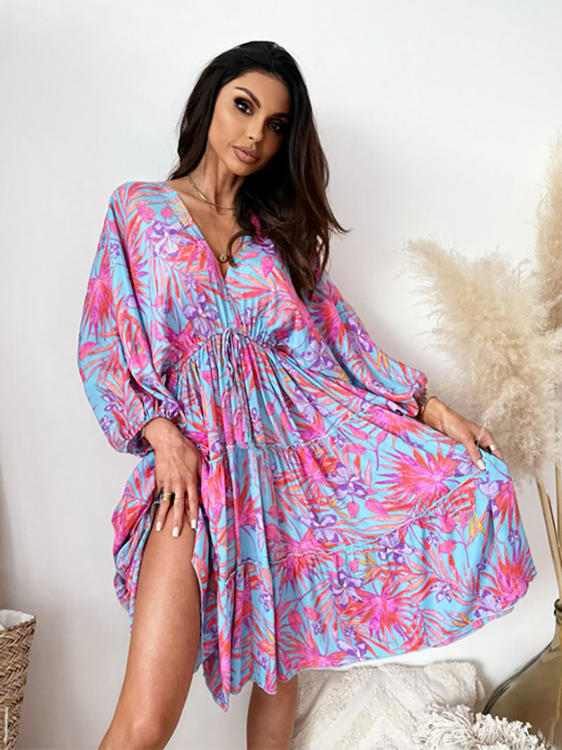 New Summer Mid-waist Pullover V-neck Short Sleeve Printed Loose Dress