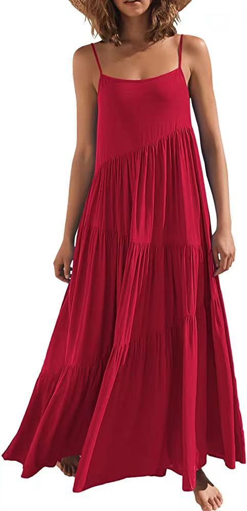 Solid Color Pleated Irregular Dress Beach Suspender Long Skirt