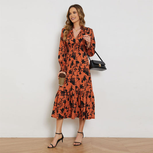 Women's Fashion Simple V-neck Long-sleeved High-waisted Floral Dress