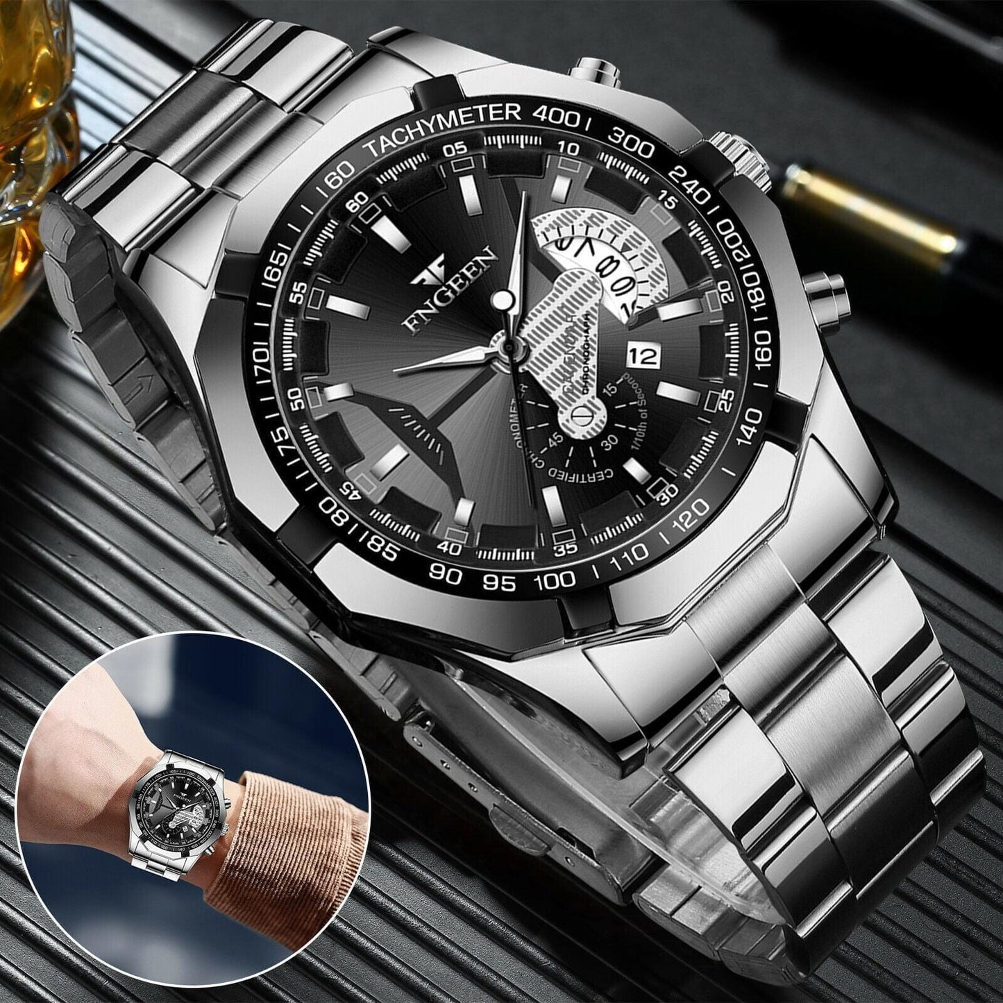 Black Silver Men's Luxury Stainless Steel Watch