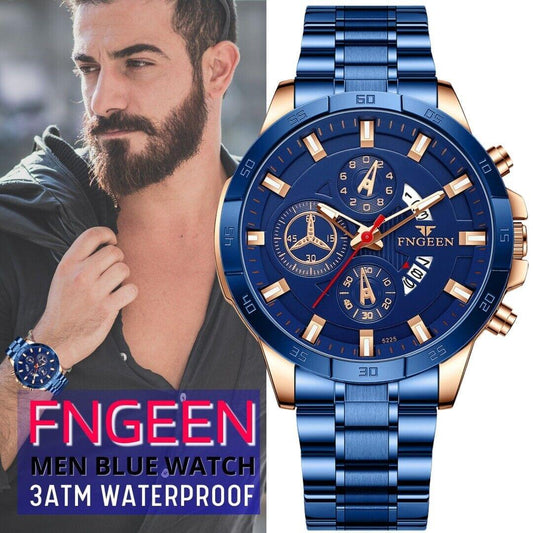 Fngeen Men's Luxury Stainless Steel Blue Watch