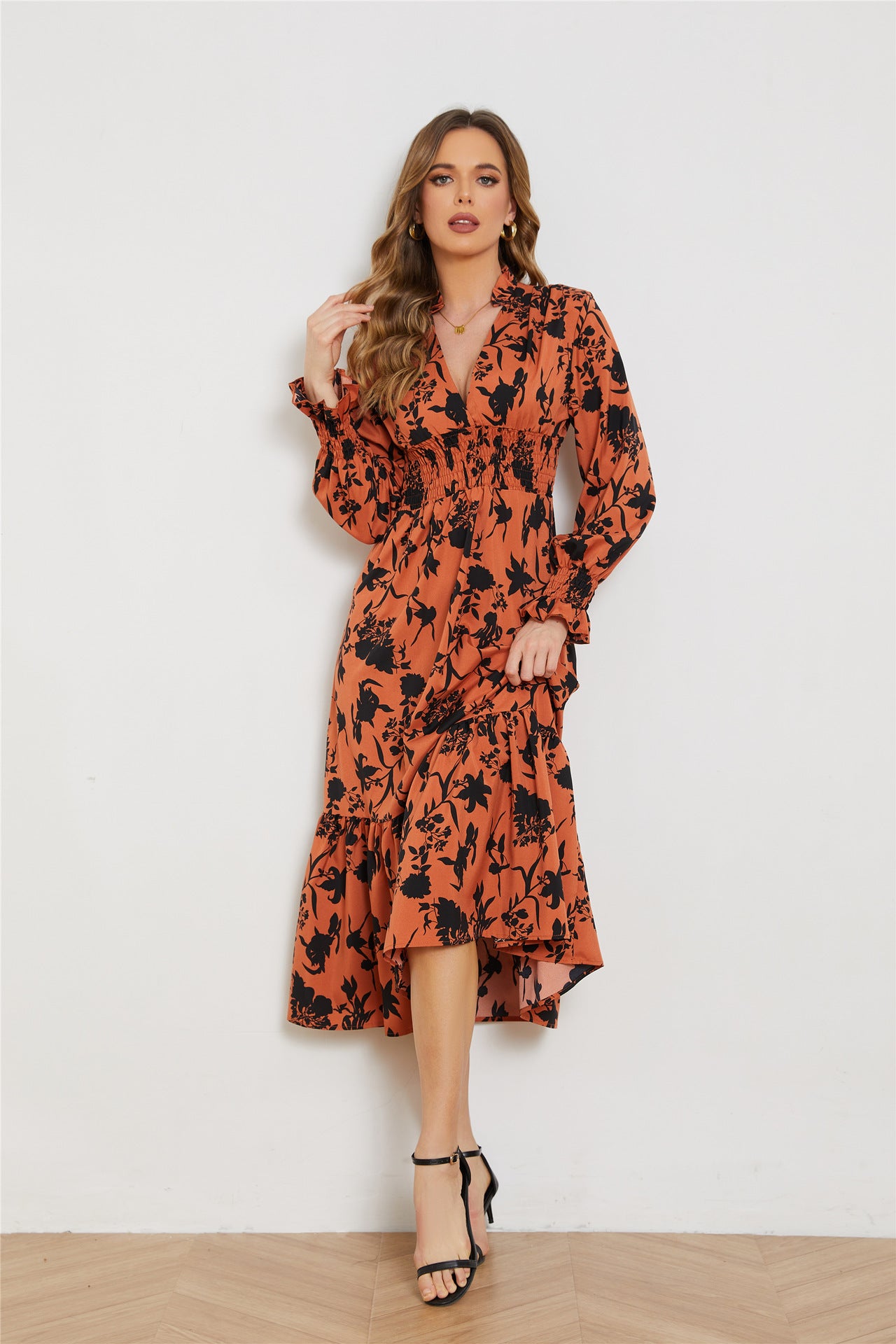 Women's Fashion Simple V-neck Long-sleeved High-waisted Floral Dress