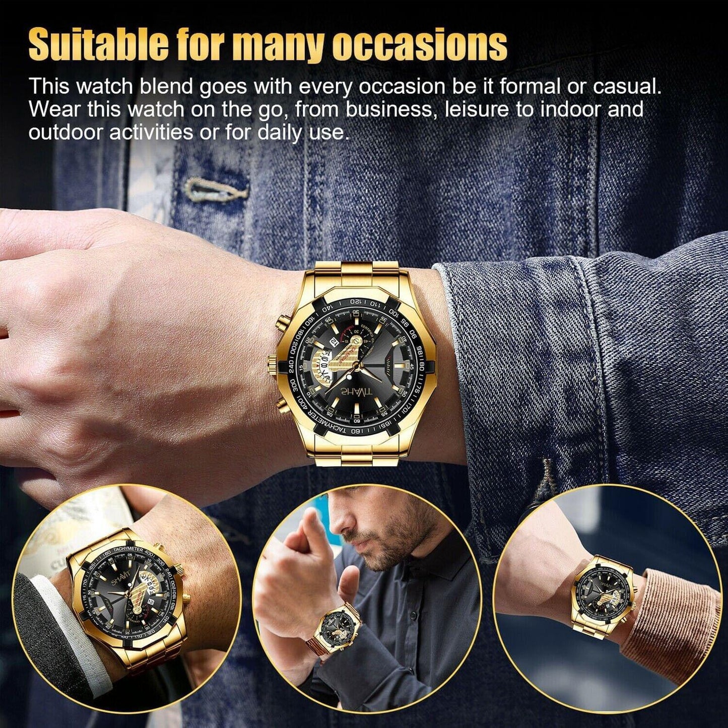 Shavit  Men's Luxury Gold Stainless Steel Watch