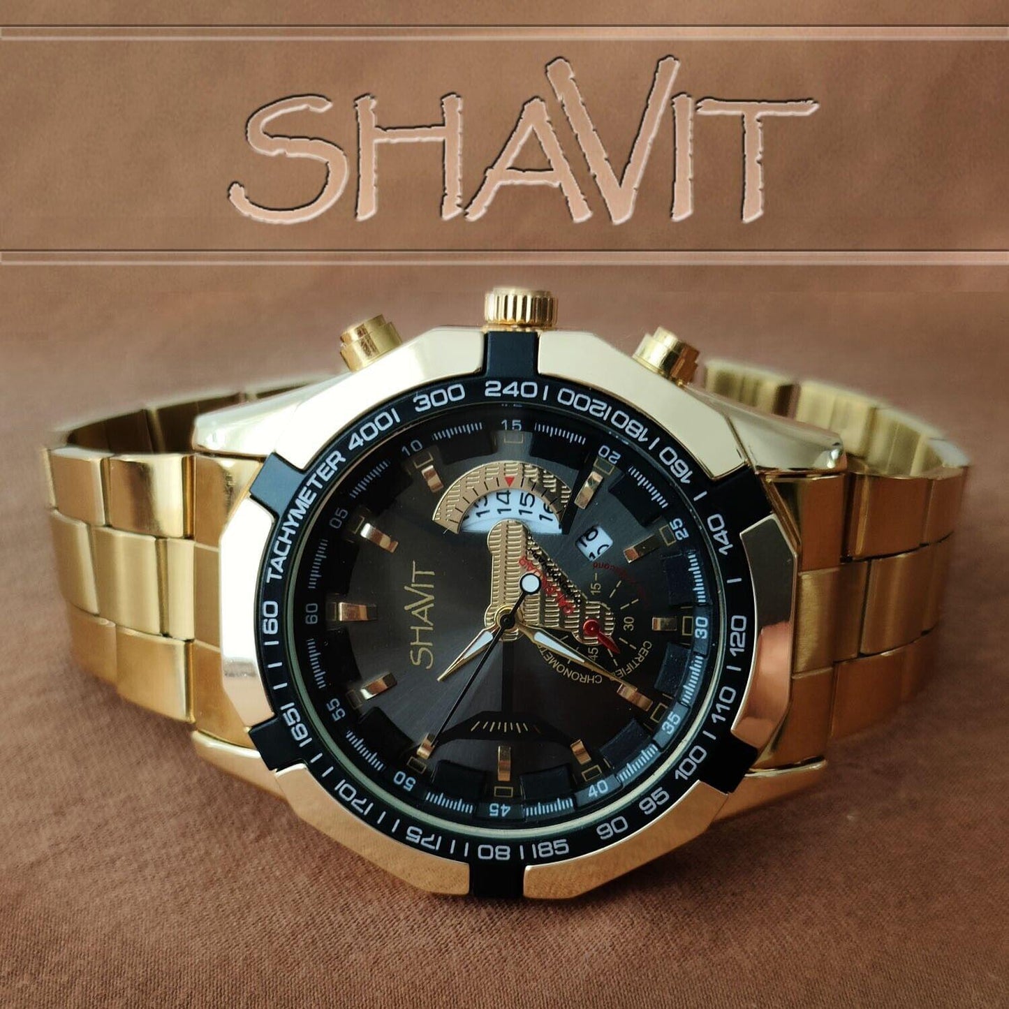 Shavit  Men's Luxury Gold Stainless Steel Watch