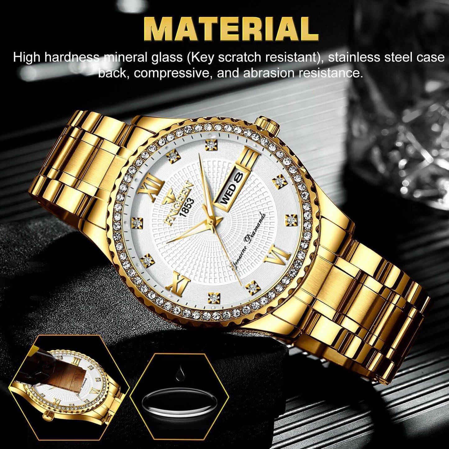 Fngeen Men's Classic Stainless Steel Gold Watch