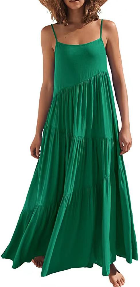 Solid Color Pleated Irregular Dress Beach Suspender Long Skirt