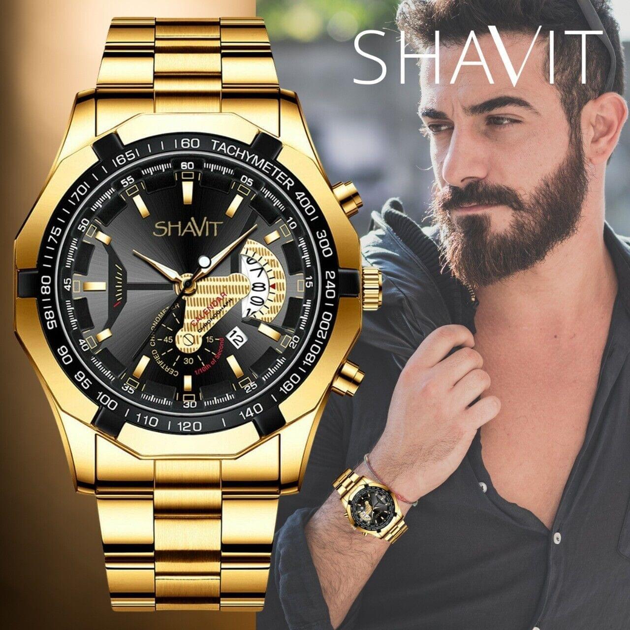 Shavit  Men's Luxury Gold Stainless Steel Watch