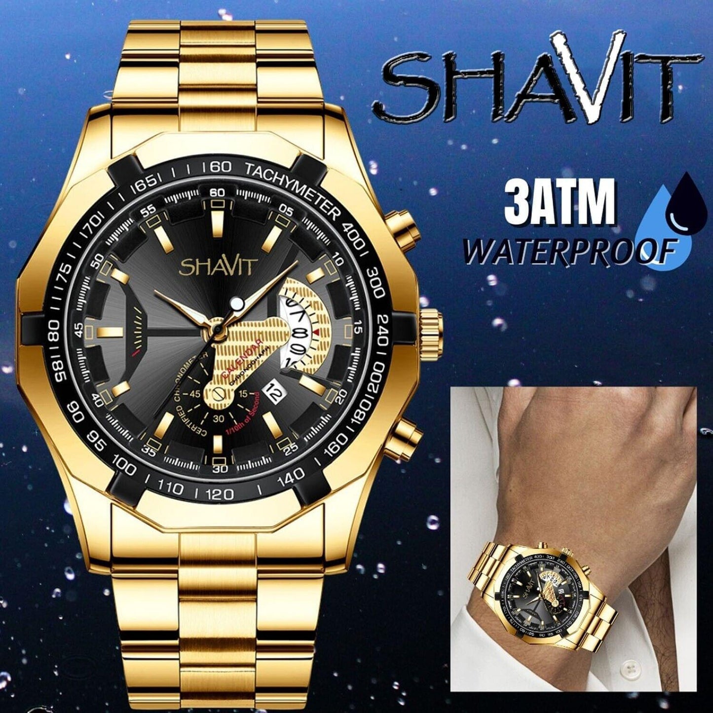 Shavit  Men's Luxury Gold Stainless Steel Watch