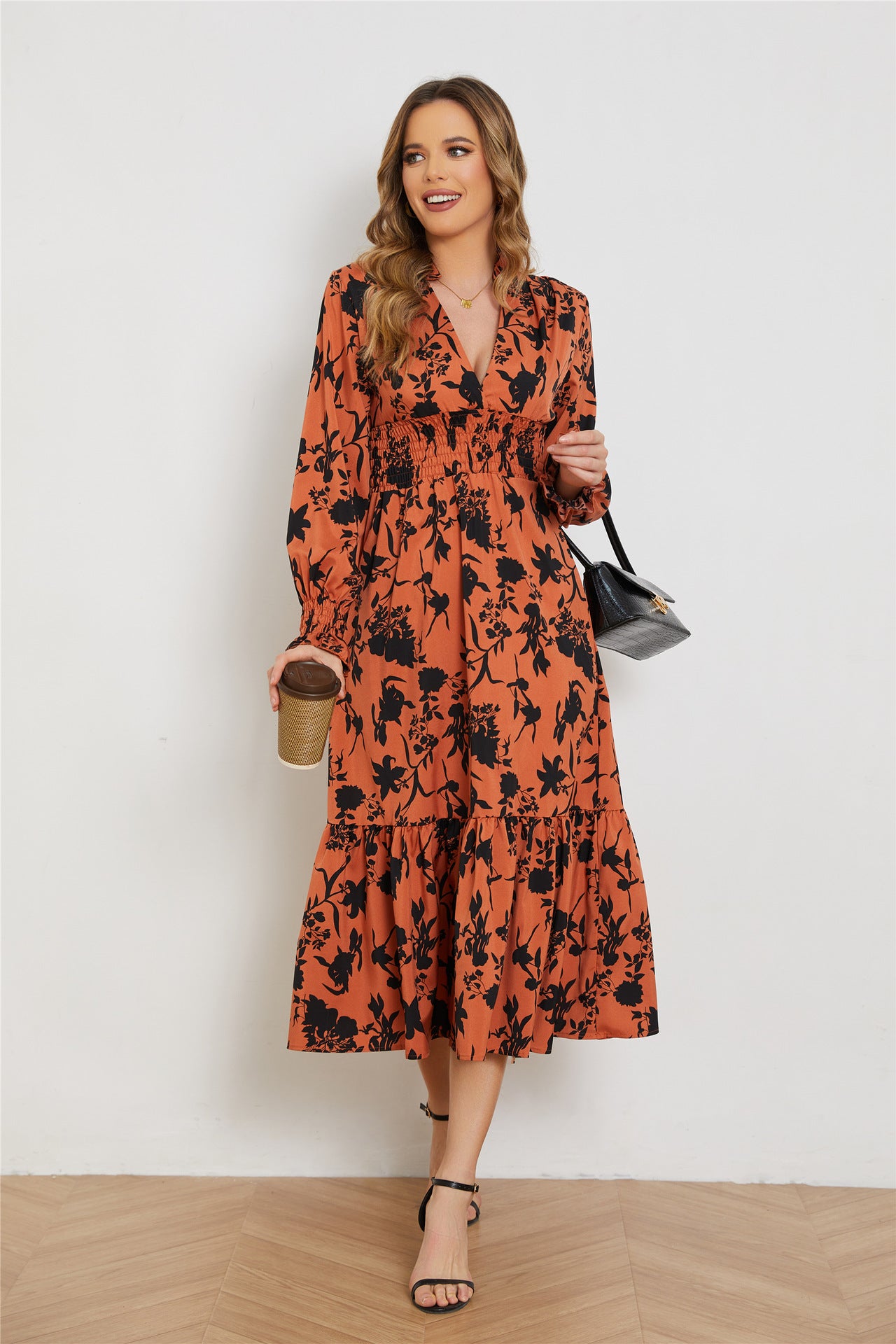 Women's Fashion Simple V-neck Long-sleeved High-waisted Floral Dress