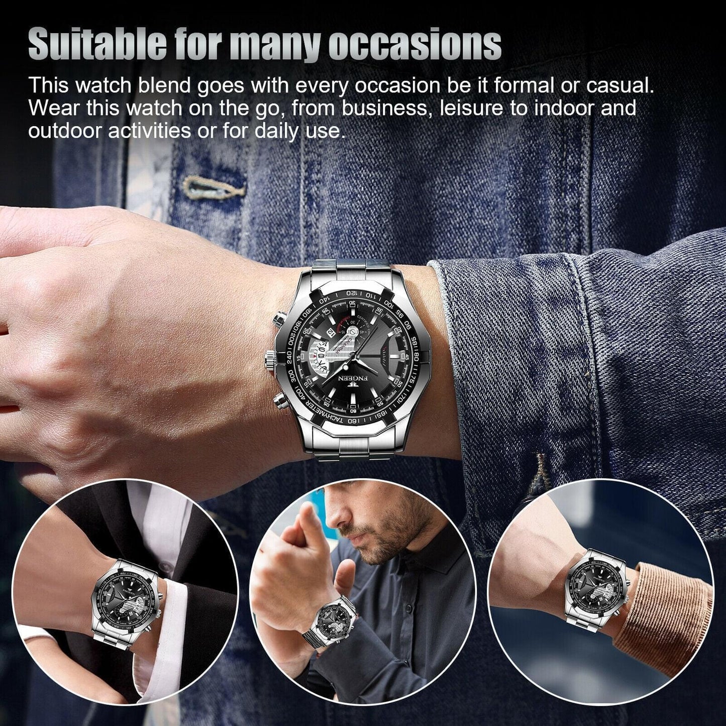 Black Silver Men's Luxury Stainless Steel Watch