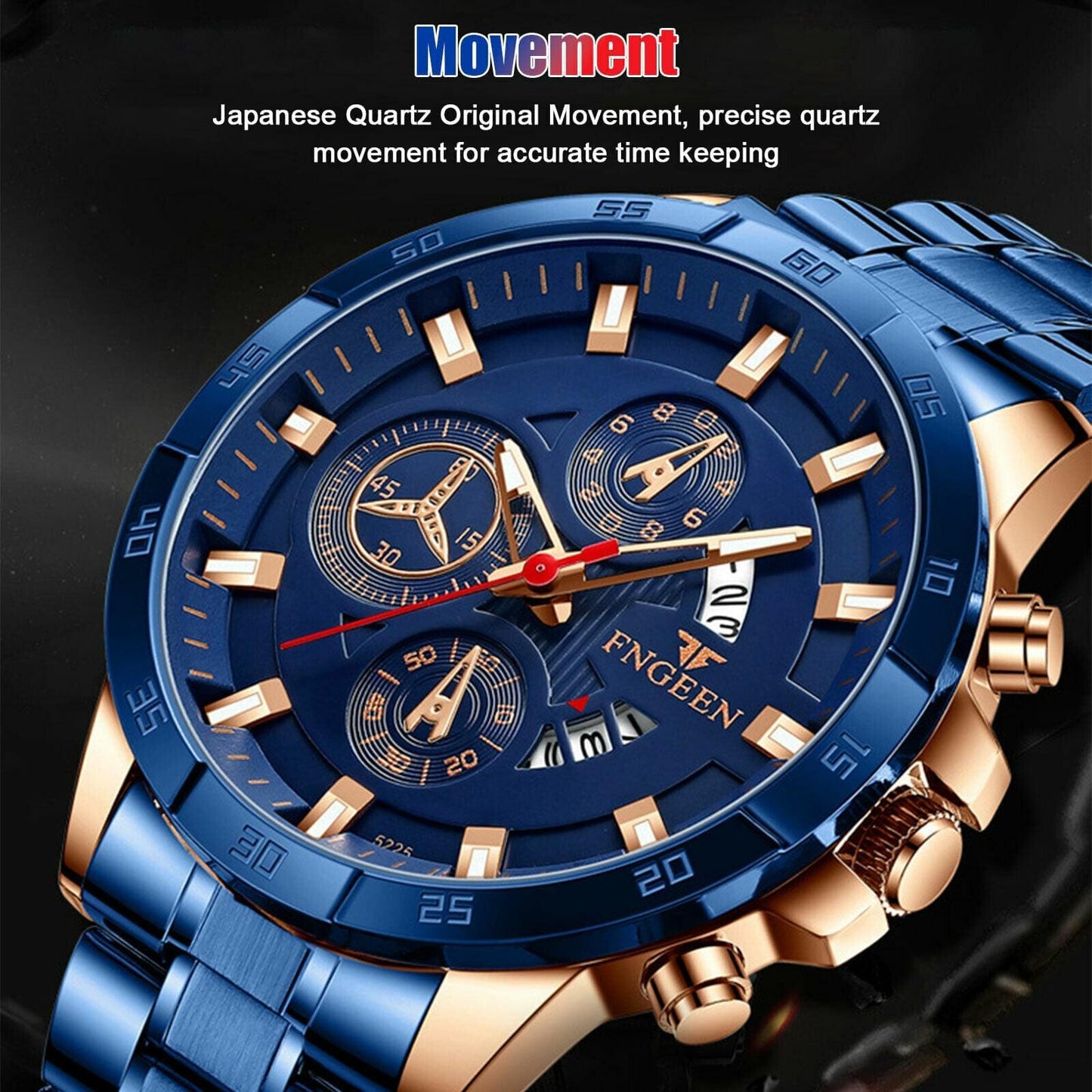 Fngeen Men's Luxury Stainless Steel Blue Watch