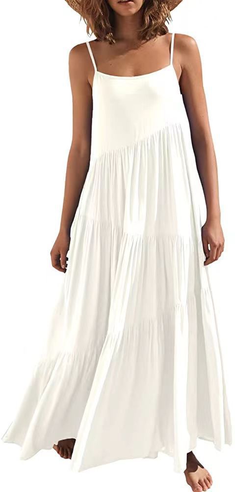 Solid Color Pleated Irregular Dress Beach Suspender Long Skirt
