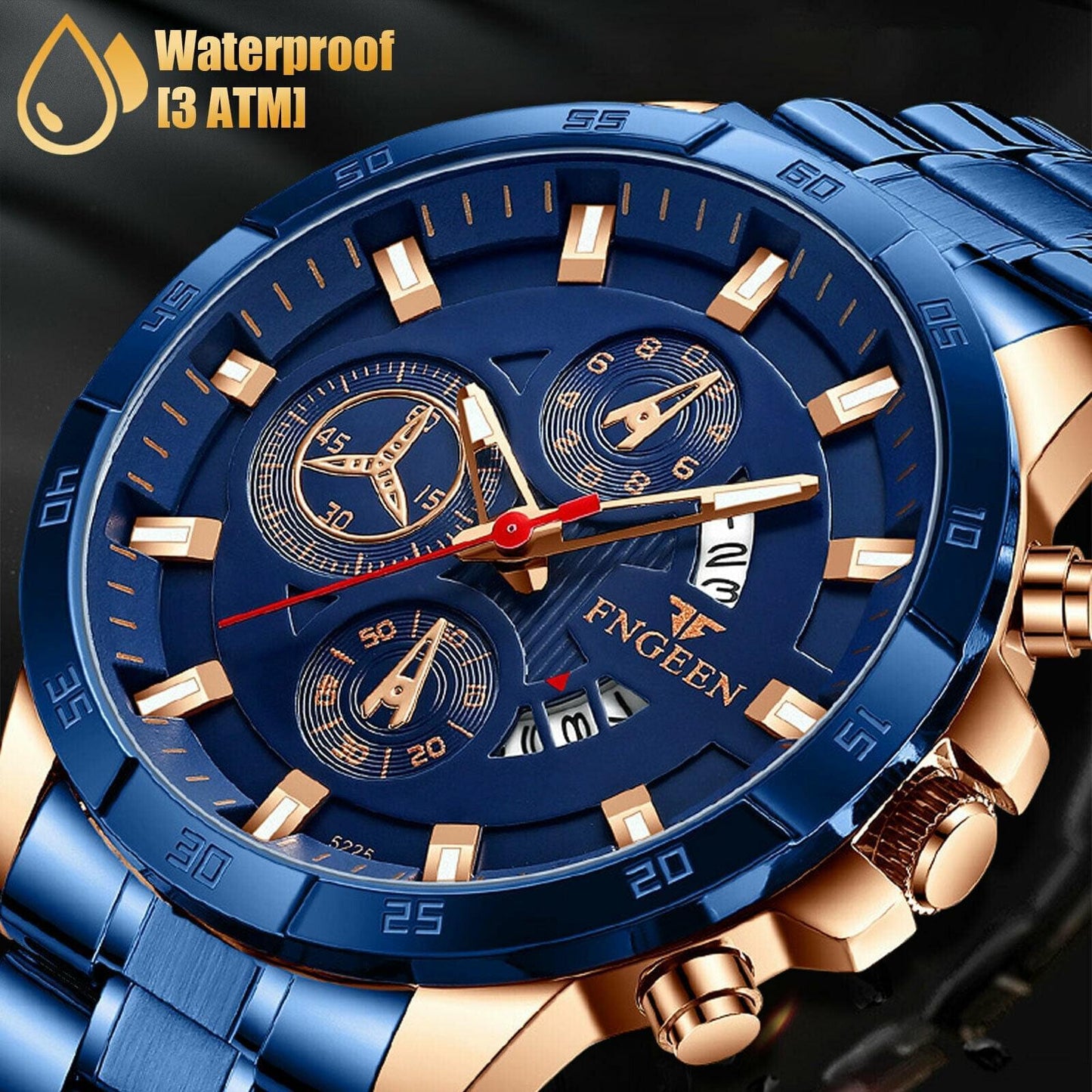 Fngeen Men's Luxury Stainless Steel Blue Watch