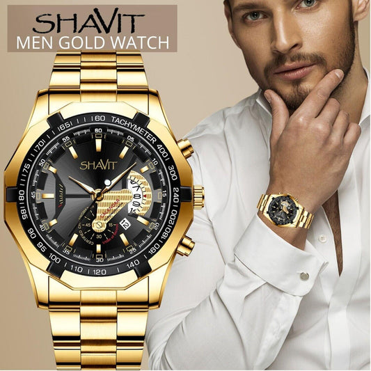 Shavit  Men's Luxury Gold Stainless Steel Watch