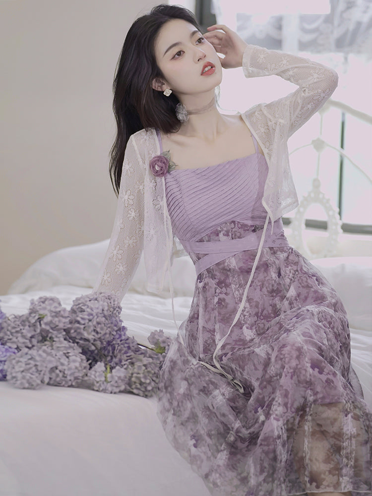 Pure Desire Wind Purple Suspender Skirt Cardigan Suit