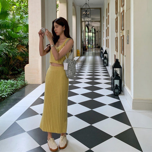 Women's Fashion Versatile Lemon Yellow Undershirt High Waist Half Skirt Set