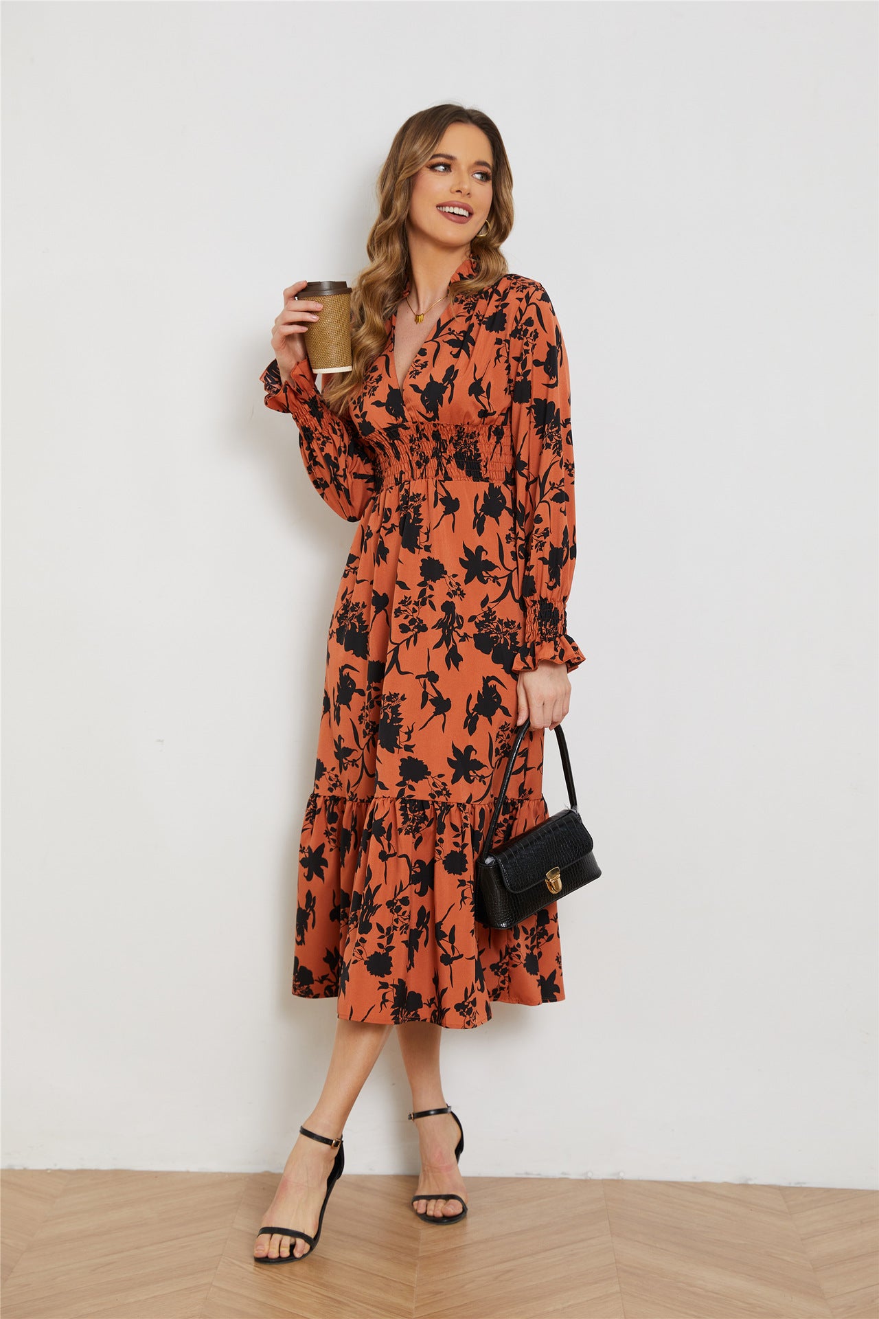 Women's Fashion Simple V-neck Long-sleeved High-waisted Floral Dress